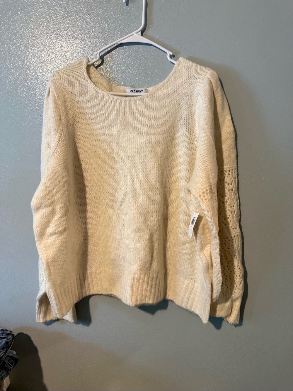 Old Navy Cream Crewneck Sweater with Lace Sleeve Detail